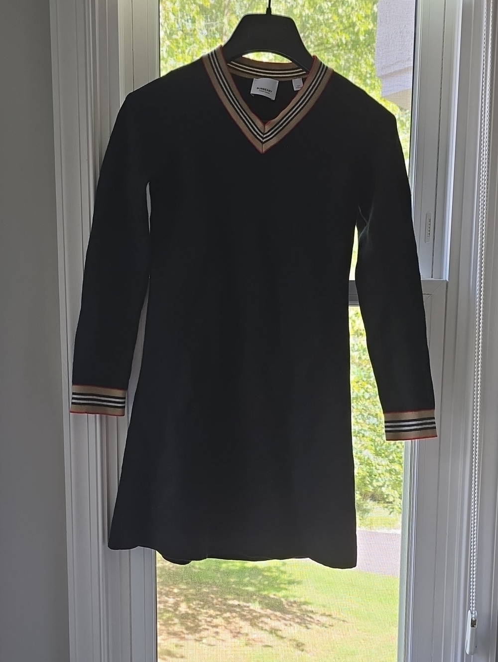 Kids Burberry Black V-Neck Long Sleeve Sweater Dress with Striped Trim
